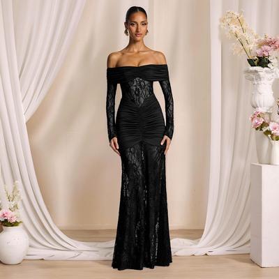 Europäisches und amerikanisches schulterfreies Spitzen-Spleiß-Langarm-Bodycon-Midikleid