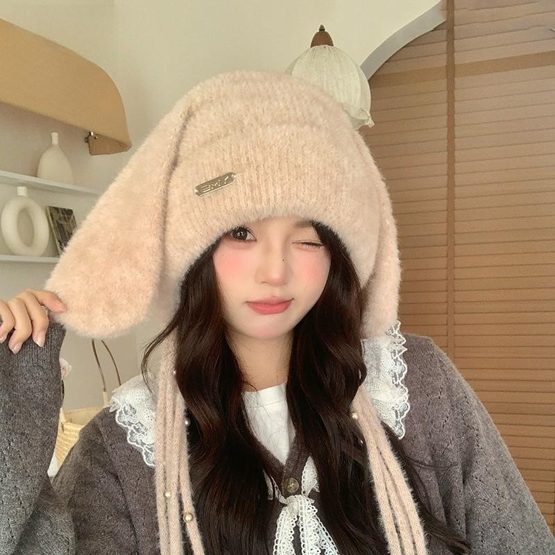 Winter Plush Bunny Ear Beanie With Knit For Girls And Kids