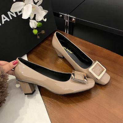 Grape Mother of the Same Style, Square Head Square Buckle, Shallow Mouth Thick High Heel Ol Single Shoes Women's 2025 Spring and Autumn Wedding Sho