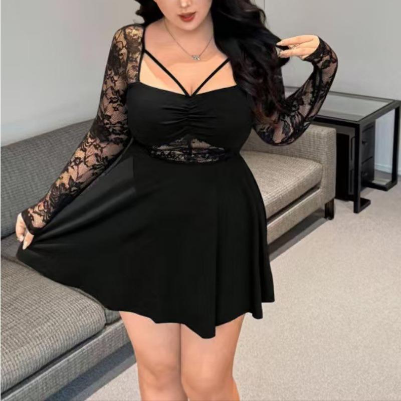 Women Elegant Long Sleeve Square Neck Solid Color Lace Patchwork A Line Casual Vacation Dress