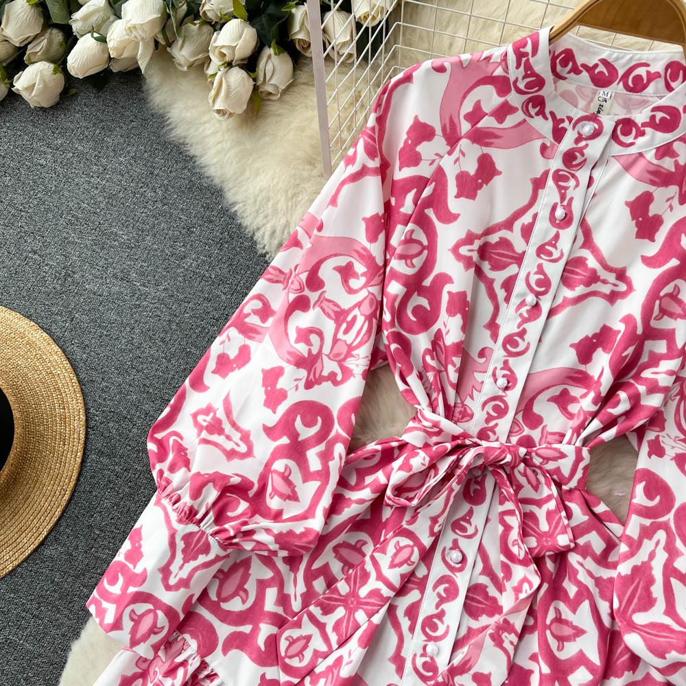 Vintage Summer Floral Print Ruffles Single Breasted Long Sleeve High Waist Vocation Beach Long Women Dress