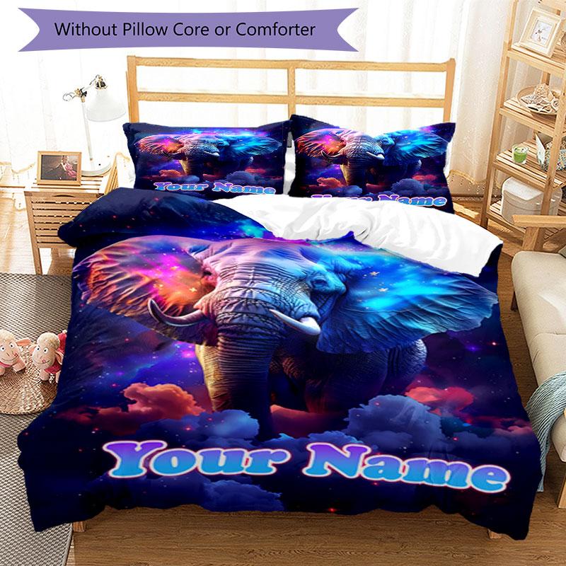 3PC Custom Name Cosmic Elephant Dreams Bedding Set Duvet Cover Closure Includes 1 Duvet Cover & 2 Pillowcases for Bedroom