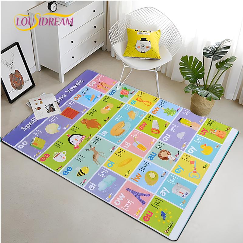 IMIKEYA Dětská hrací podložka Kolekce Hrací čas Abeceda ABC Roční období Měsíce Ovoce a Tvary Vzdělávací koberec do herny ložnice