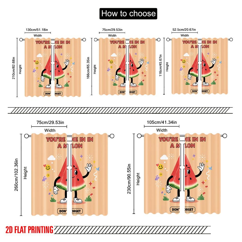 2pcs 2D flat printing Scene Curtains Melon Cute Funny Character 100% Polyester Without Electricity Birthday Party for Bedroom