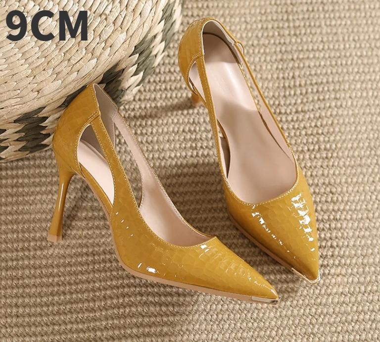 Fashion Women's High-heeled New with Stone Patterned Patent Leather Heels Women Pointed Toes Solid Color Widened Versized Womens Shoes