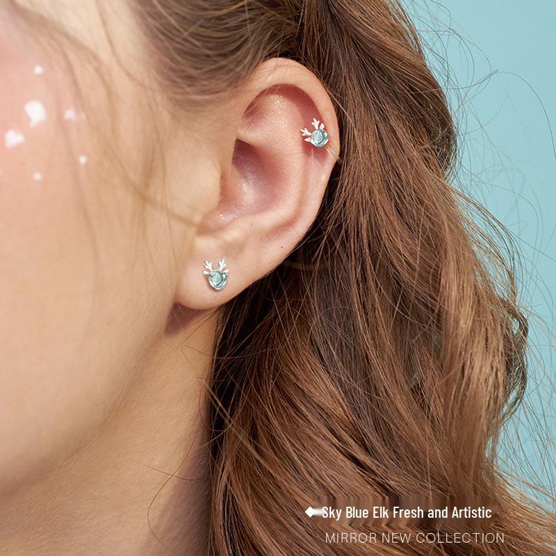 Süße blaue Elch Zirkon Ohrstecker für Damen - Minimalistisches Koreanisches Weihnachtsgeschenk