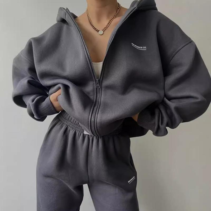 Damen Langarm Fleece Bedrucktes Kapuzensweatshirt und Lässige Hose Zweiteiliges Set