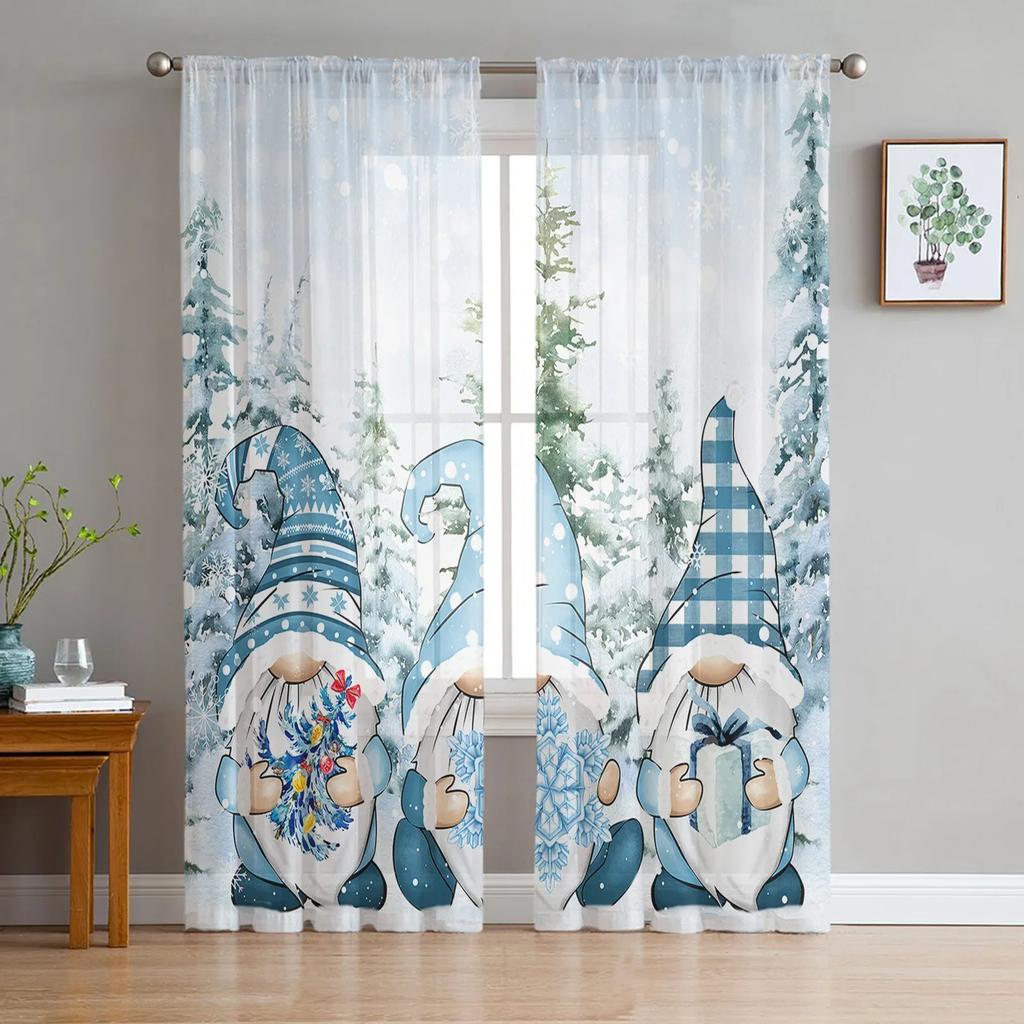 Christmas Snowman Door Balloon Tulle Curtains For Living Room Bedroom Kitchen Decoration Chiffon Sheer Voile Window Curtains
