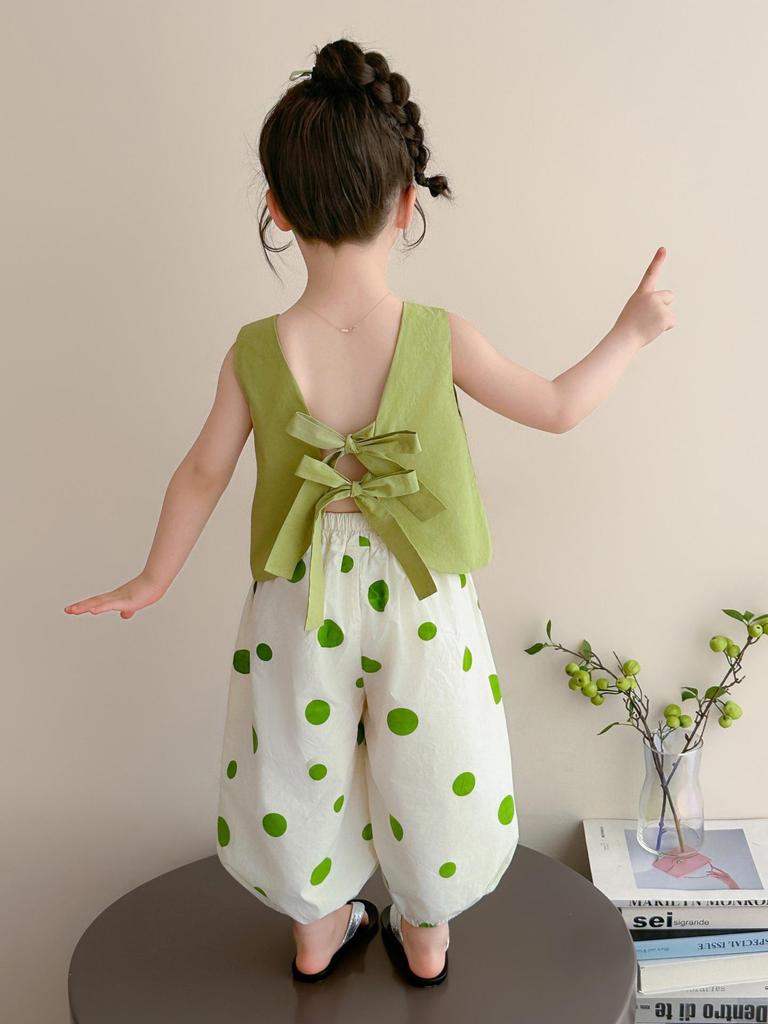 2026 Summer Girls' Cute Polka Dot Backless Vest & Pants Set - Casual Two-Piece for Kids