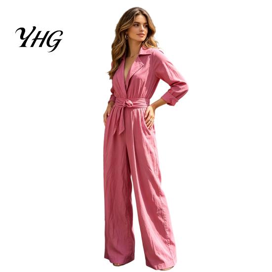Women Wide Leg Pants V Neck Long Sleeves Jumpsuit, Collared One Piece Romper with High Waisted Jumpsuits Belt, Solid Color Dressy Casual Fall Outfits