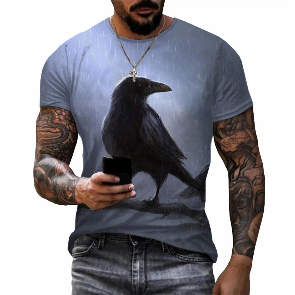 Crow Gothic Print Men's Clothing Fashion Men Crow Graphic T Shirts O-Neck Pullover T-shirts for Women Short Sleeve Tees Top
