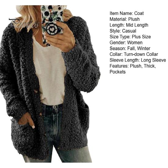 Thicken Women Winter Coat Plush Solid Color Long Sleeves Cozy Lady Keep Warm Cardigan Plus Size Single-breasted for Outdoor