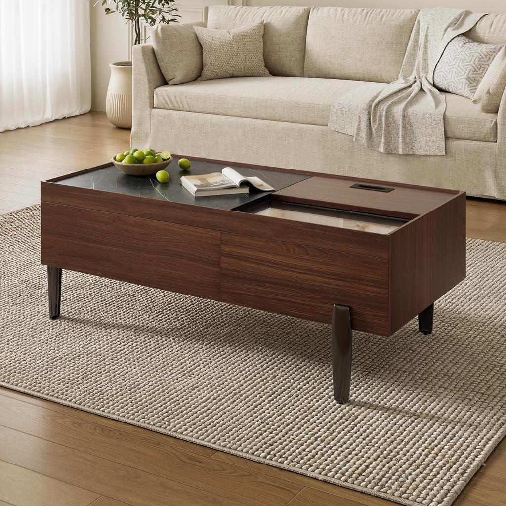 Modern Coffee Table with Drawers & Glass Top – Dark Brown Wood Design, Wood Grain in Marble Look, Metal Legs & Lots of Storage Space for Living Room