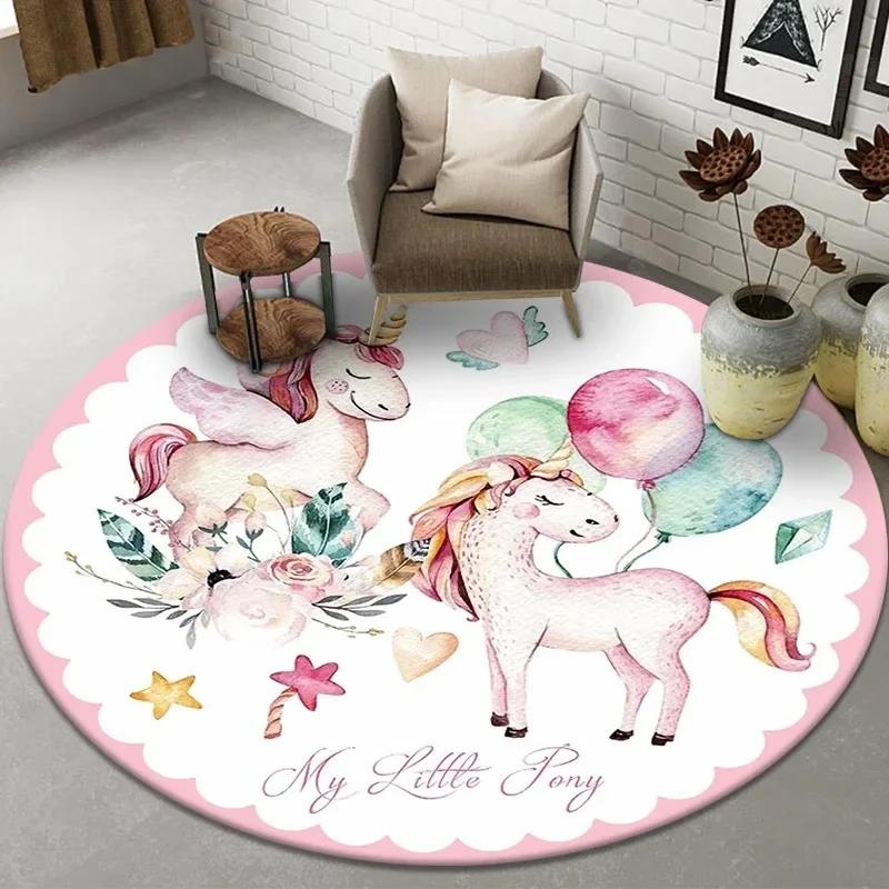 Cute Cartoon Unicorn Round Carpet Non-slip Rug for Office Living Room Bedroom Decor Soft Play Floor Mat Bathroom Kitchen Doormat