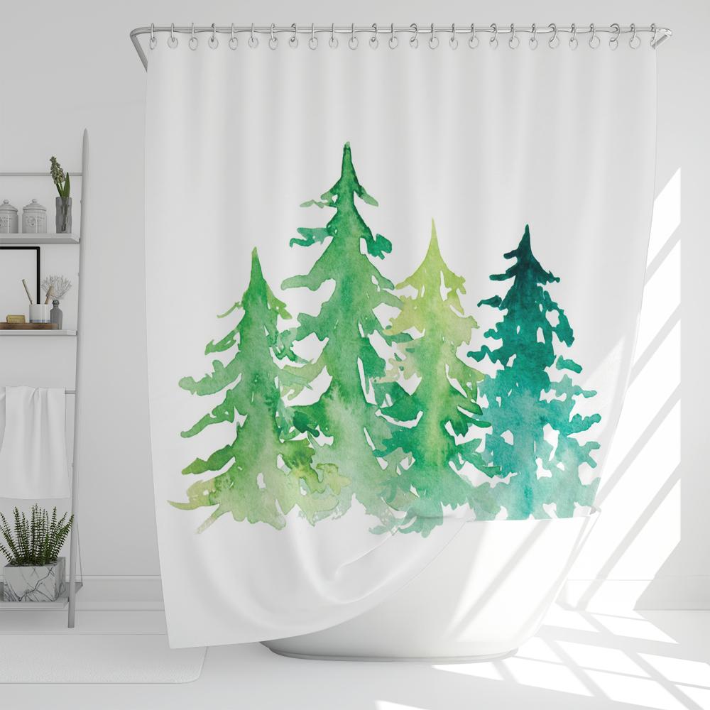1 Pcs Nordic Simple Green Plant Waterproof Shower Curtain, Christmas Tree Bathroom Decoration Curtain, With Plastic Hooks