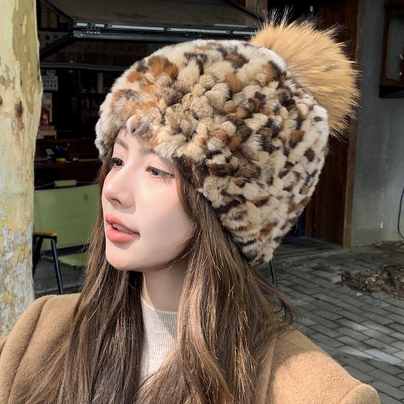 Retro Leopard Print Real Rabbit Hair Hat Women's Autumn and Winter Korean Version Warm Windproof Ear Protection Hat Hairball Knitted Hat Headgear