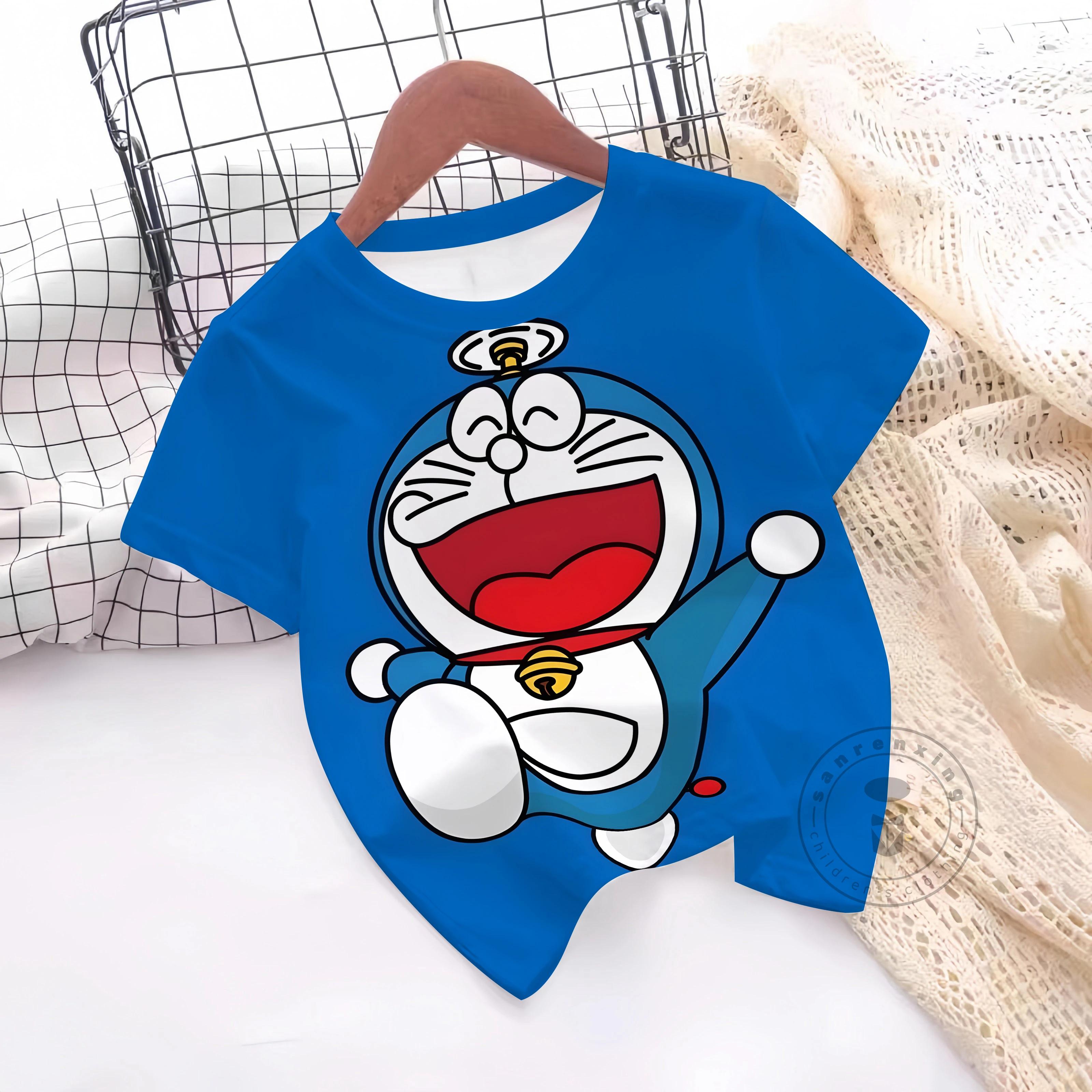 

Летние футболки с 3D-принтом Doraemon для мальчиков и девочек, подарок, детские топы с коротким рукавом для 100
