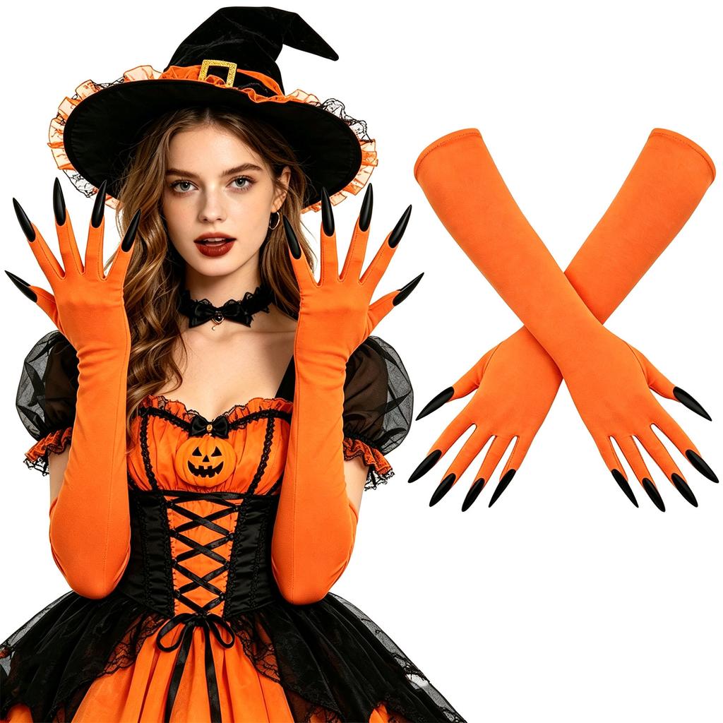 Women's Halloween Witch Long Gloves with Fake Nails - Dark Gothic Stretchy Gloves for Cosplay Party