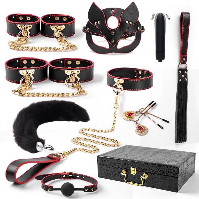 Genuine Leather SM Kit: 10-Piece Set with Paddle, Collar, Leash, Handcuffs, Tail Butt Plug, and More.