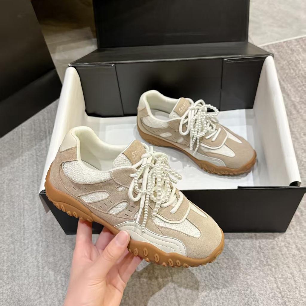Leather Thick-soled Inner Height-increasing Lace Training Shoes for Women's 2025 Spring and Summer New Pearl Retro Silver Casual Forrest Gump Shoes