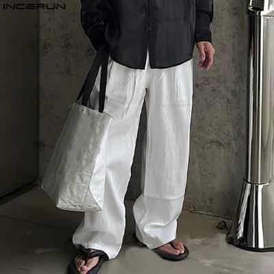 Men Spring Zipper Up High Waist Texture Trousers Casual Button Straight Pants