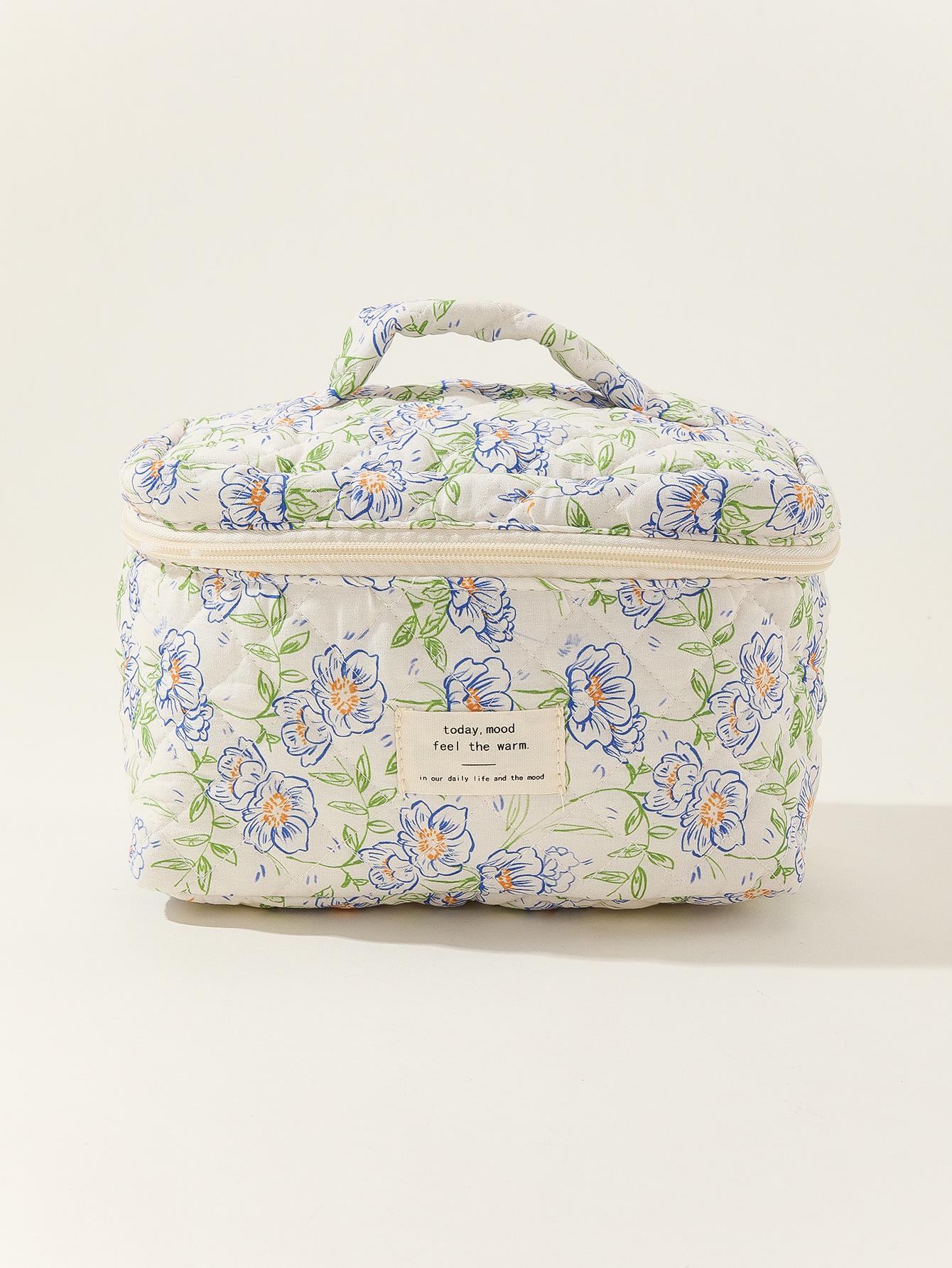 

Сумка-тоут большой емкости, косметичка в полоску, в горошек, для хранения, портативная, стеганая, хлопковая, с милым цветком, Ins, для путешествий, для студентов