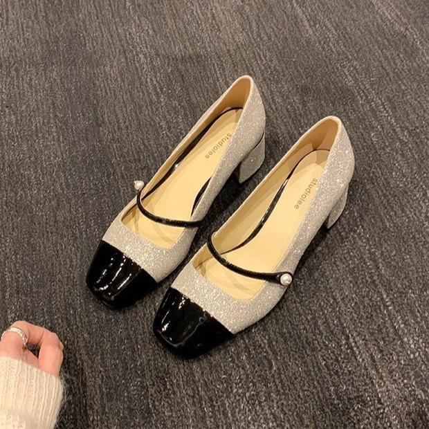 Sheepskin Version~ Grape Mother, the Same Style, Sparkling Sequins, Small Fragrant Style Square Head, One Word with Thick Heel, Mary Jane Shoes, Wome