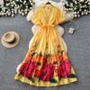 French Vacation Style V-neck Bubble Sleeve Floral Print Dress Women's Summer Light Mature Wind Waist Big Swing Dress