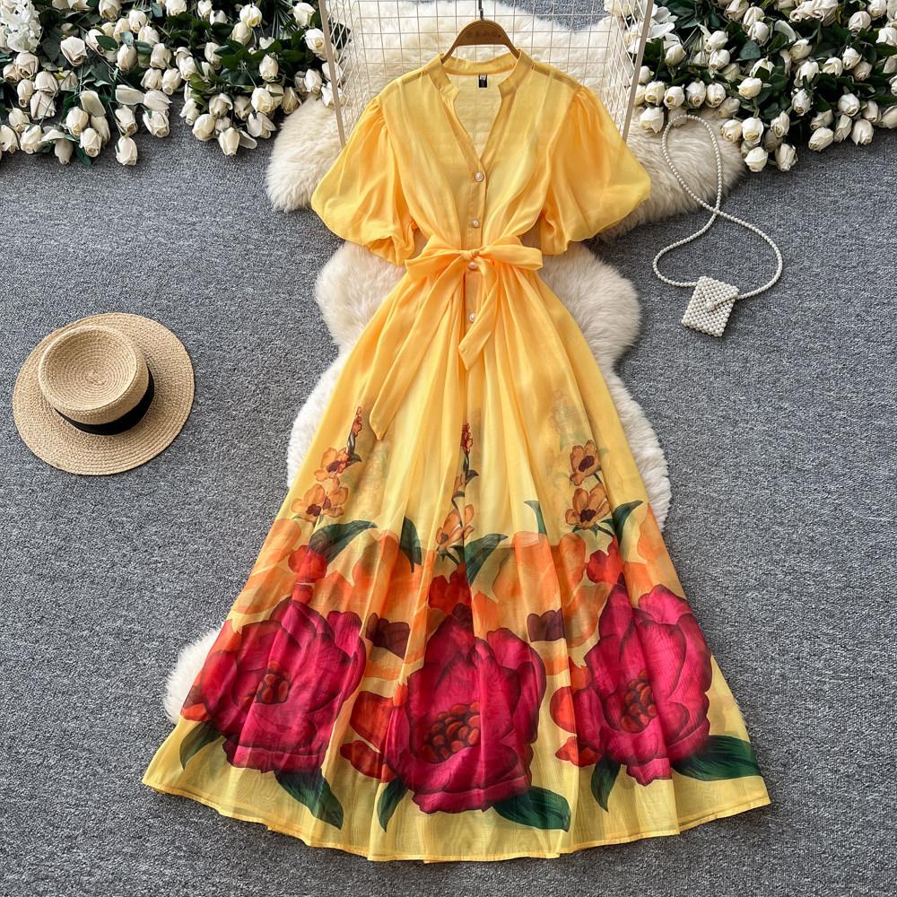 French Vacation Style V-neck Bubble Sleeve Floral Print Dress Women's Summer Light Mature Wind Waist Big Swing Dress