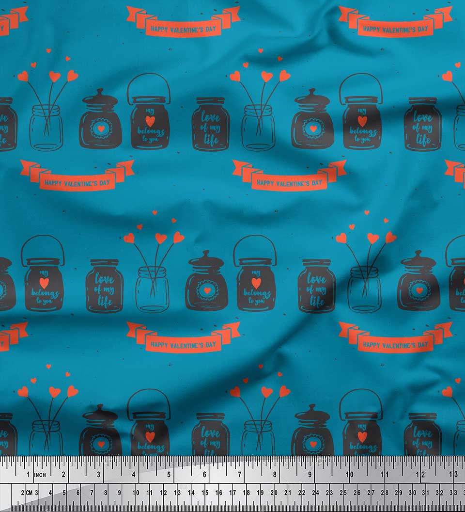 

Soimoi Blue Japan Crepe Satin Fabric Jar & Happy Valentine Day Text Decor Fabric Printed metre 42 Inch 42 Inch Wide - Poly Crepe синій