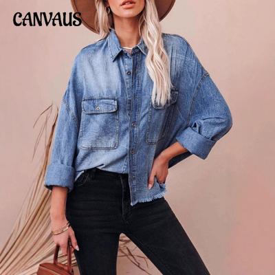 Camisa vaquera holgada retro de primavera para mujer, sección de hombro caído, azul, bolsillos grandes