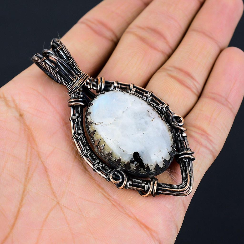 Moonstone Gemstone Pure Copper Wire Wrapped Handmade Pendant Jewelry