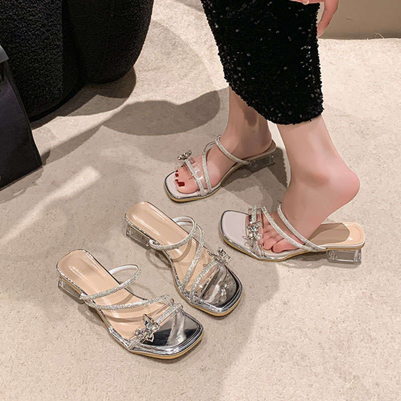 Fairy Wind Bow Rhinestone Temperament High Heel Crystal Sandals Women's Summer Wear 2025 New French Thick Heel Slippers