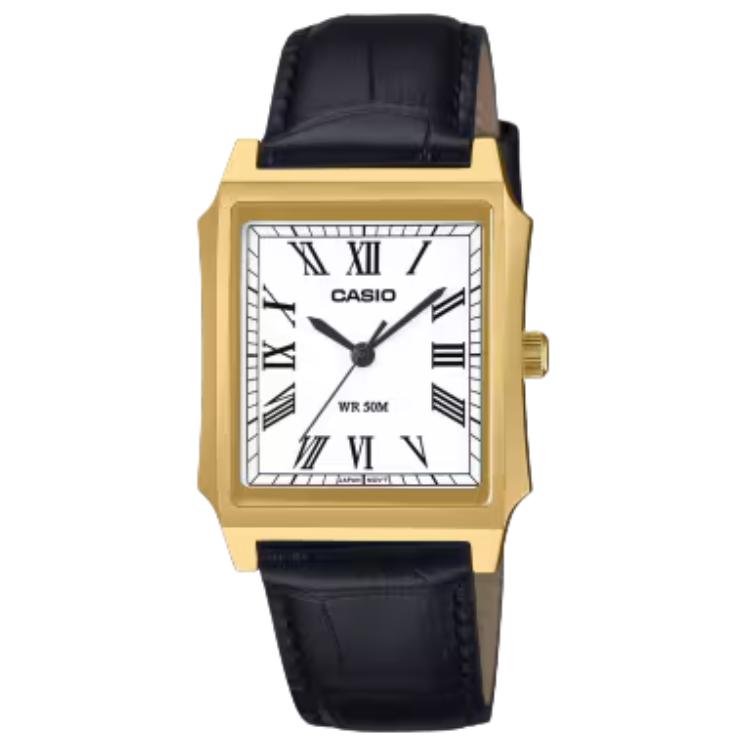 CASIO G SHOC 50m Water Resistant Quartz Movement Genuine Leather Strap Watch Unisex White Dial MTP-B190GL-7BV White Dial