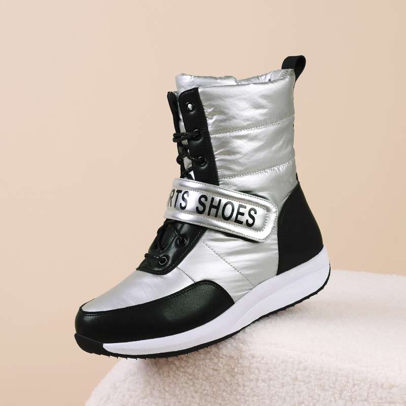 Krazing Pot Microfiber Down Boots Winter Shoes Med Heels Size 44 Wedges Super Size Snow Boots Hook Loop Mixed Color Keep Warm Mid-calf Boots