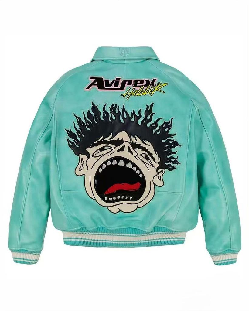 Avirex x Hellstar Men’s Leather Jacket: Trendy American Hip Hop Style Outerwear.