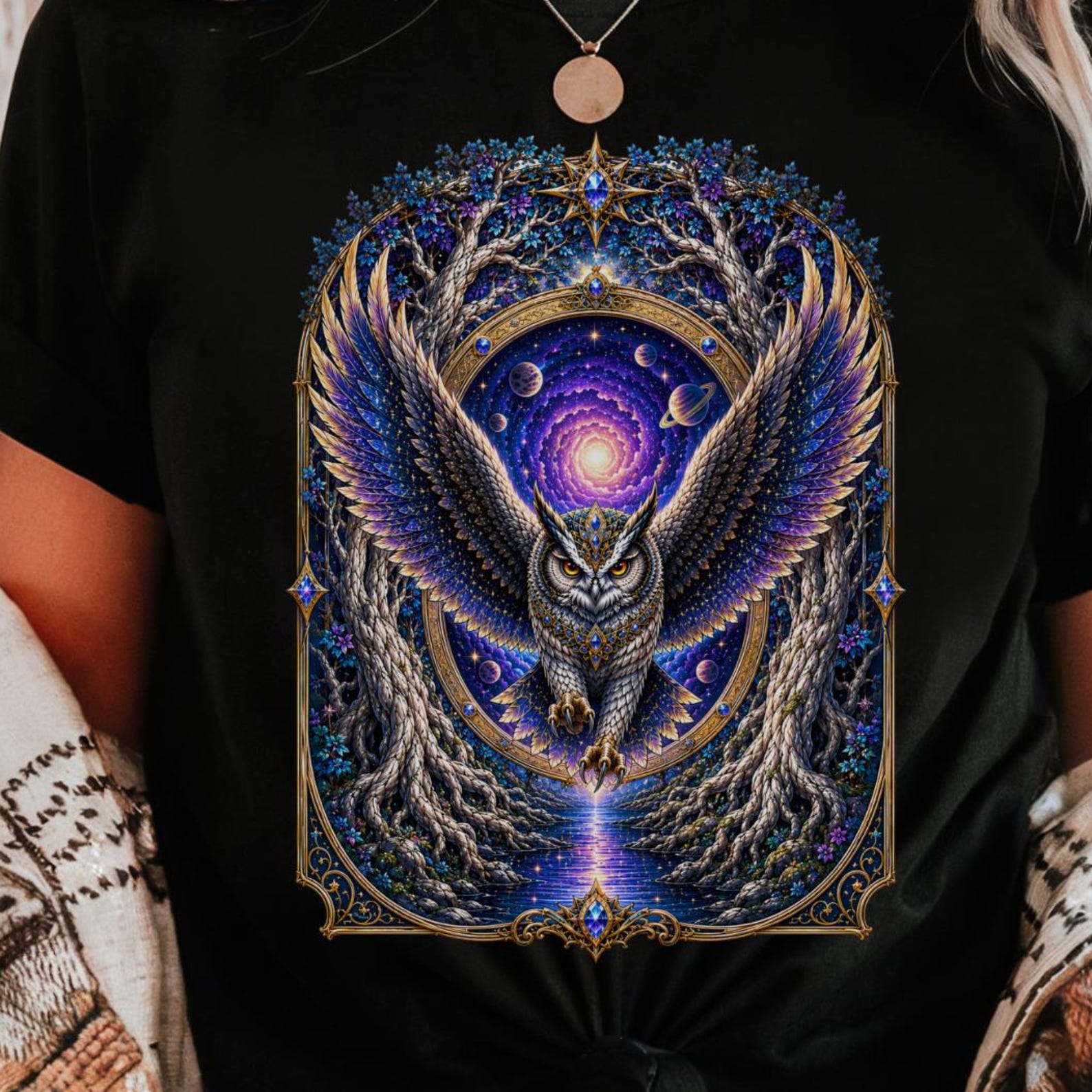 Cosmic Owl Oracle Shirt | World Tree Guardian | Fantasy Portal Art S