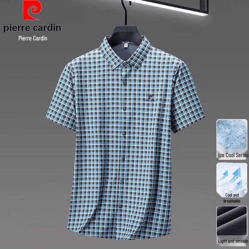 Pierre Cardin Men s Ice Silk Plaid Short-Sleeve Shirt 2XL