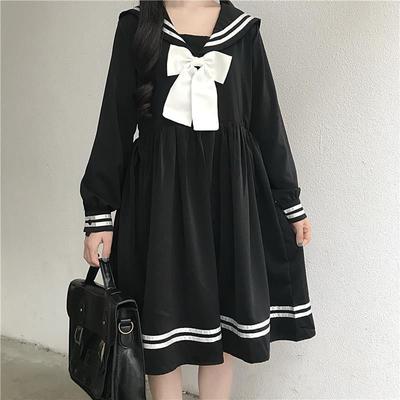 Woman Lolita Dresses Navy Sailor JK Dress Sailor Collar Puff Sleeve Female Robe