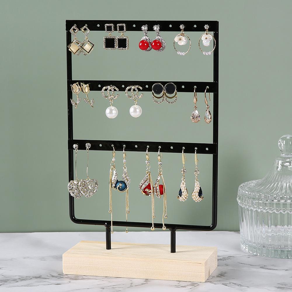 3-Tiers 72 Holes Earring Display Holder,Metal 3 Layers Jewelry Storage Organizer Wood Base Stand Tree,Ear Stud Rack Gift
