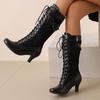 Mode Automne Hiver Bottes Hautes pour Femmes Noir Rouge Botte Haute au Genou Femme Talon Moyen Lacets Chaussures de Fête Dames Grande Taille