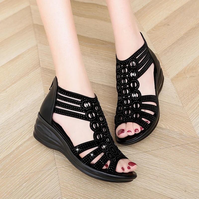 2024 Summer Shoes Women Sandals Elegant Ladies Wedges Rome Shoes Modern Fashion Brand High Heels 5cm D085