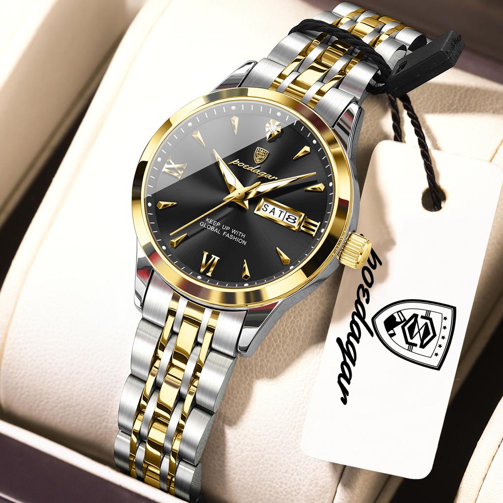 POEDAGAR Original Watch for Woman Waterproof Luminous Date Week Ladies Watch Stainless Steel Quartz Watches Female