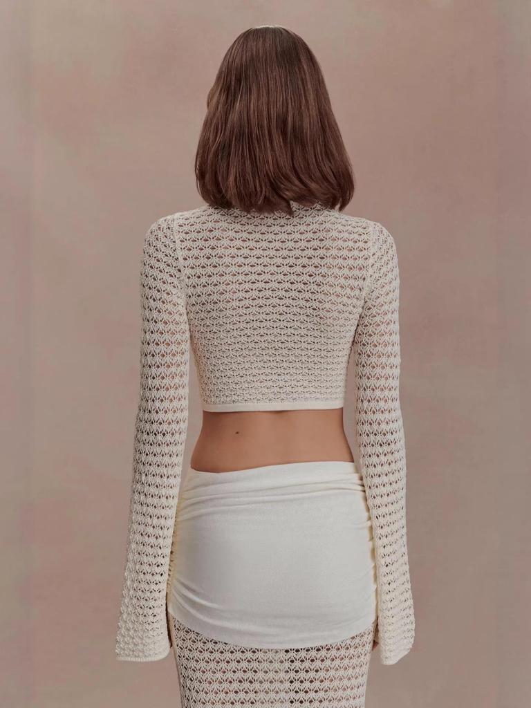 2026 Stylish Women's Resort Lace Bell Sleeve Crop Top and High Waist Two-Piece Set