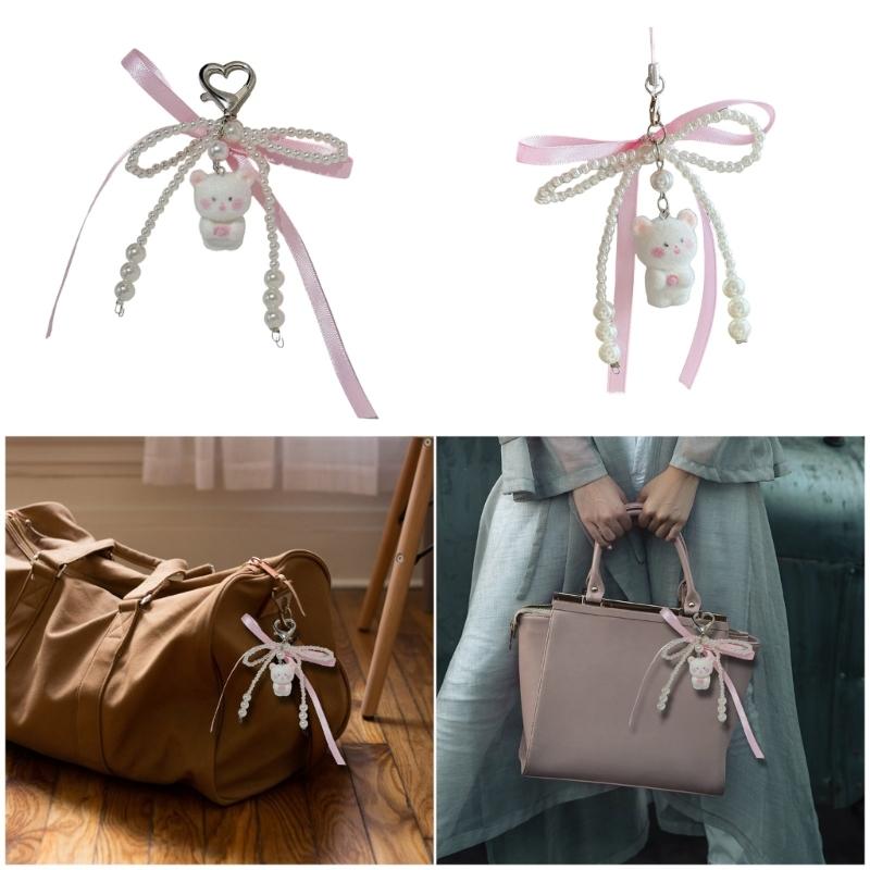 Flocking Bear Keychain With Pearls Ribbon Bowknot Charm Practical Key Holder Bacpack Accessory For Women Girls