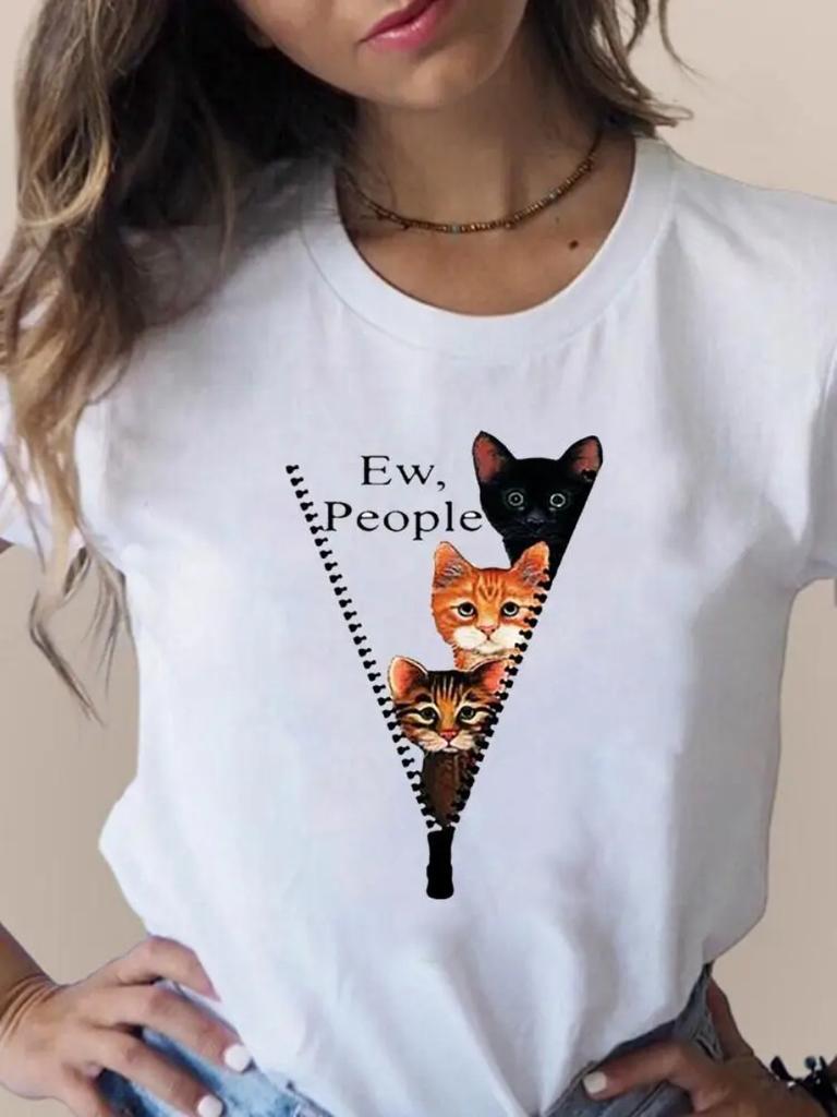 Summer Plus Size Print T Fashion 3D Cat Lovely Trend Cute Women's Clothing Short Sleeve Clothes Summer T-shirts Ladies Graphic Tee