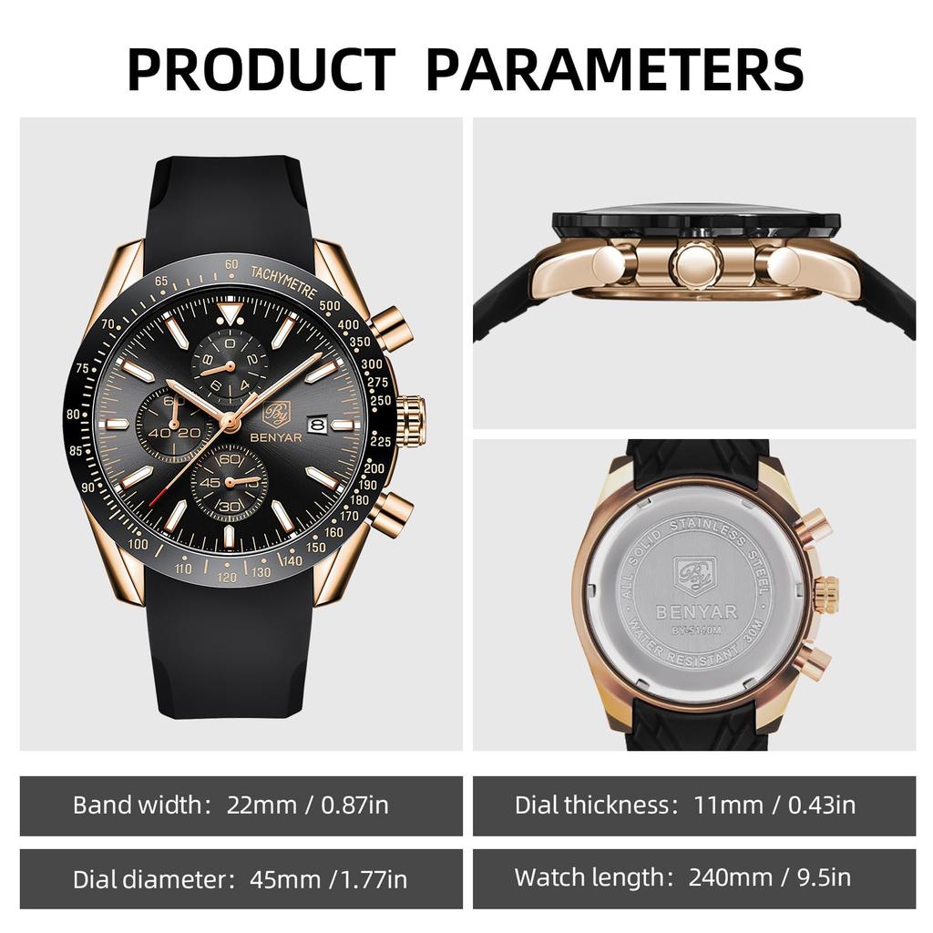 BY BENYAR Watch Watch Chronograph Analog Watch 30M Water Resistant Business Simple Stylish Popular Formal Leather Belt Quartz Watch Gift for Men Black