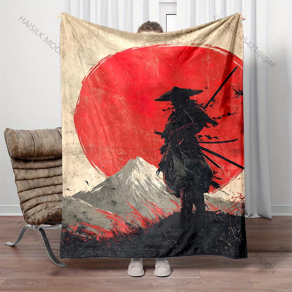 Multiple sizes Samurai with red sun silhouette print blanket adult children warm for home travel soft and comfortable blanket