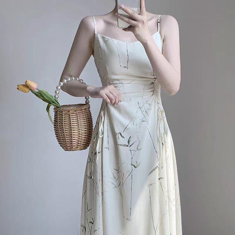 Chinese Ink Bamboo Print Spaghetti Strap Fairy Mori Girl Slimming Summer Dress