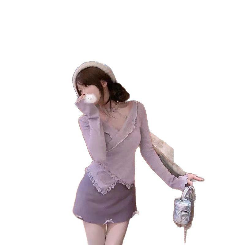 2025 Hot Girl Trend: Purple Long Sleeve Crop Top & Slim Skirt Set